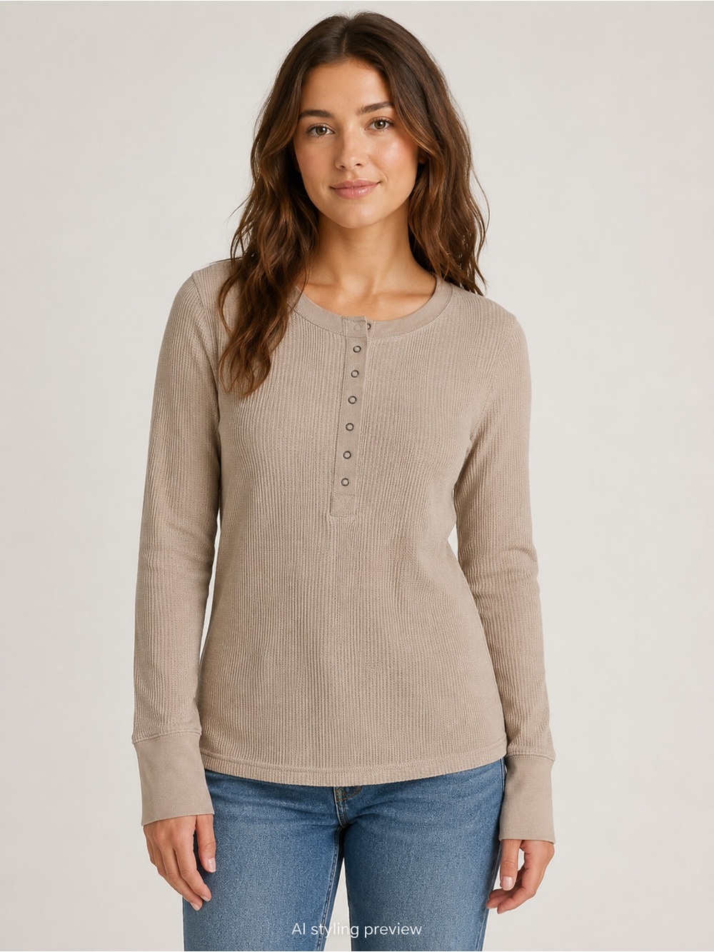 aerie Ribbed Henley Thermal Long-Sleeve Top - Taupe M
